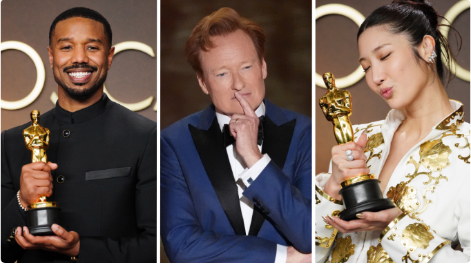 This combination image shows Michael B. Jordan, left, Conan O'Brien, center, and EJAE, right, at the Oscars on Sunday, March 15, 2026, at the Dolby Theatre in Los Angeles.